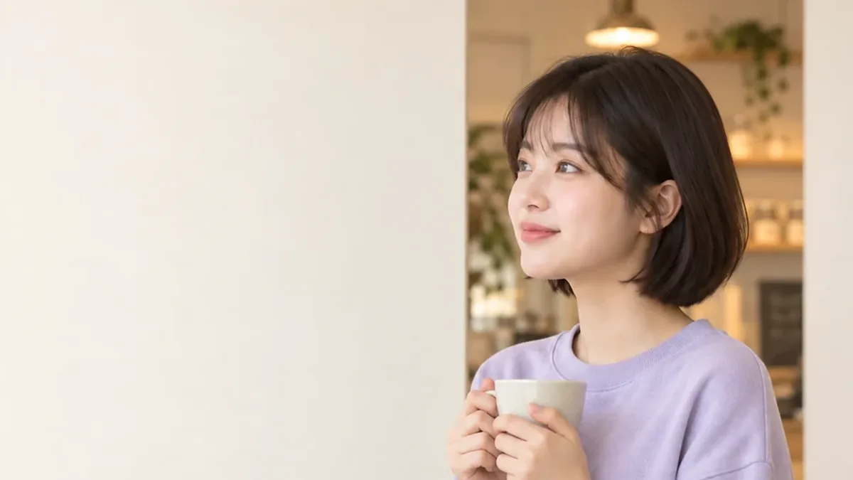 밝은 벽 앞에서 머그잔을 든 보라색 니트 여성