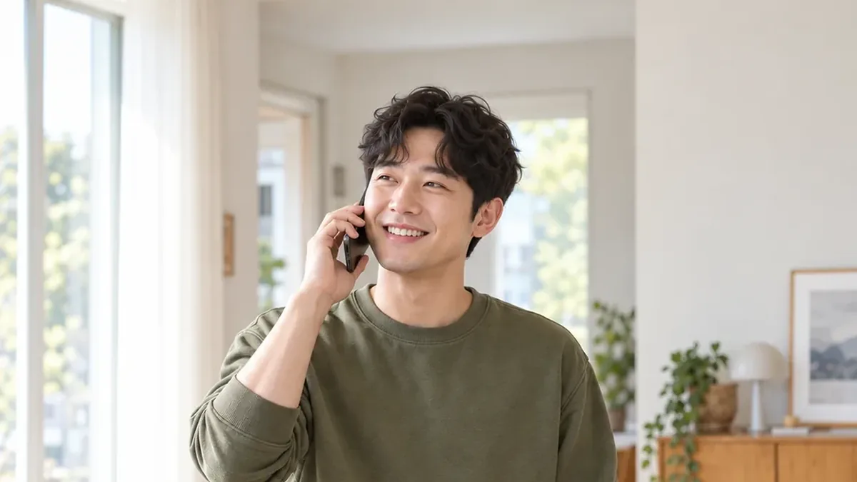 거실에서 휴대폰으로 통화하며 웃는 초록 니트 남성