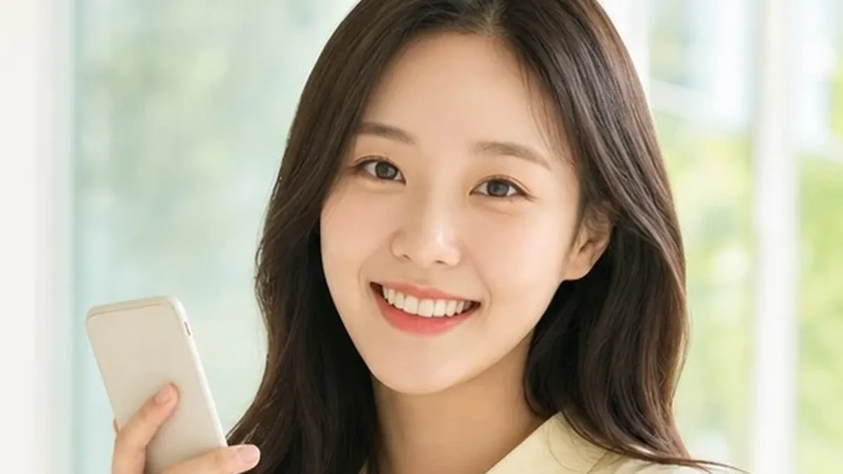 휴대폰을 들고 환하게 웃는 노란 셔츠 여성