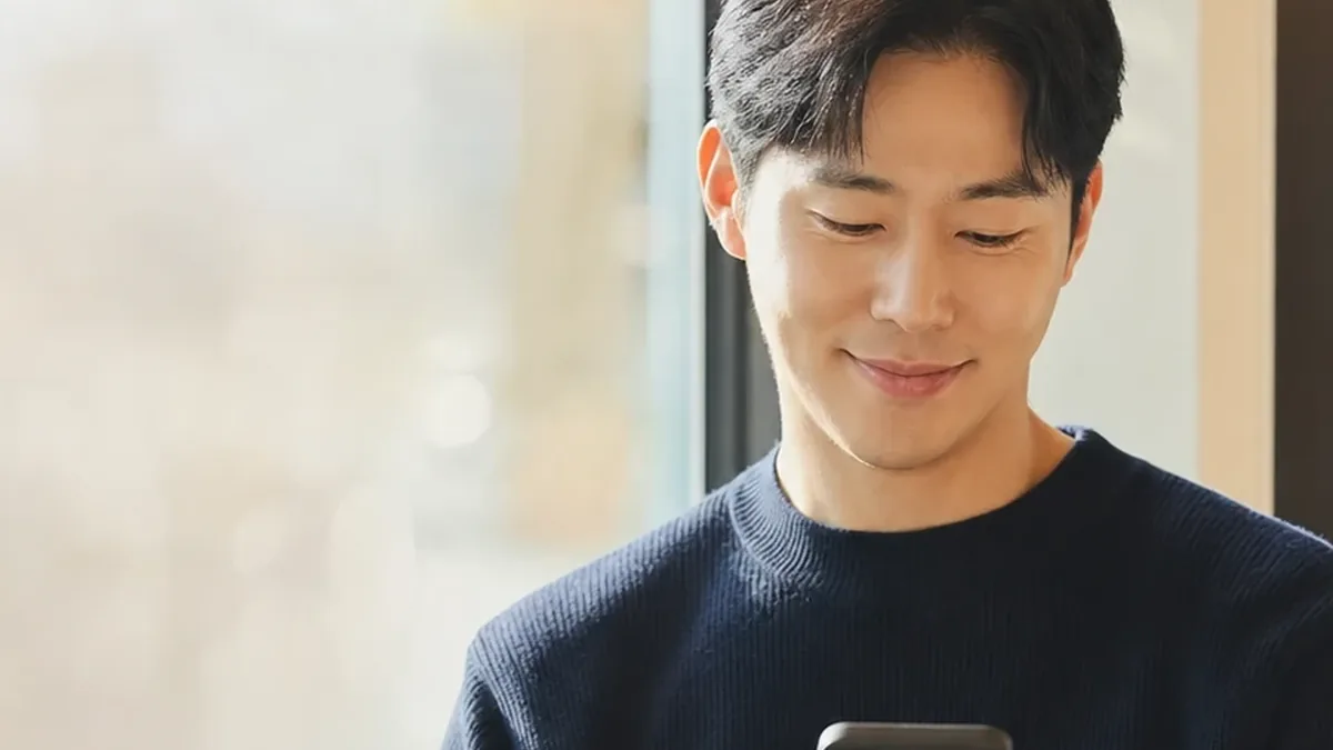 휴대폰 화면을 내려다보는 남색 니트 남성