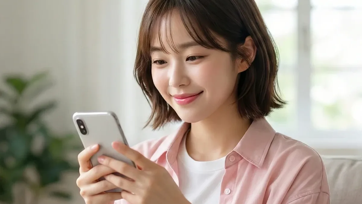 소파에서 휴대폰을 보며 미소 짓는 분홍 셔츠 여성