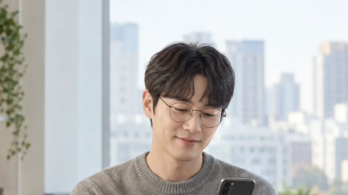 도시가 보이는 창가에서 휴대폰을 보는 안경 쓴 남성