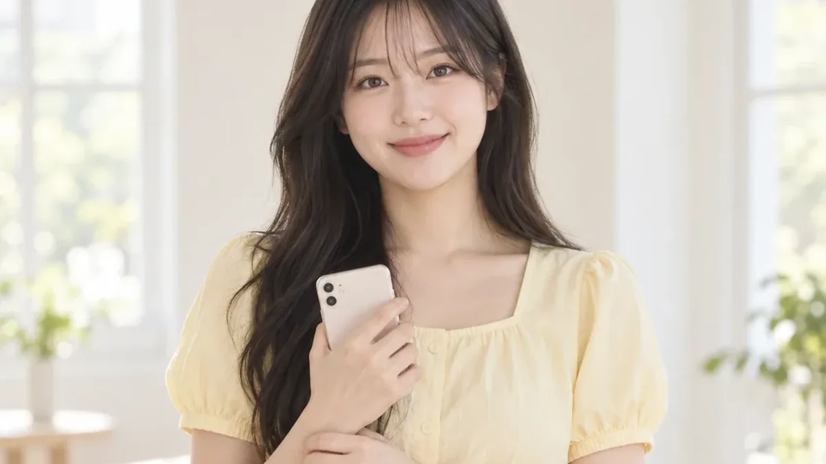 휴대폰을 가슴께에 들고 웃는 노란 블라우스 여성
