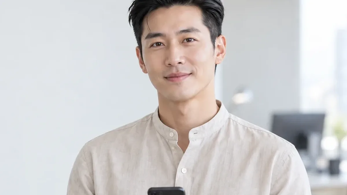 휴대폰을 들고 정면을 보는 리넨 셔츠 남성
