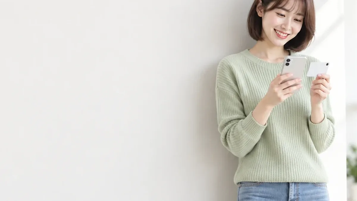소액결제 현금화 흰 벽 앞에서 휴대폰을 보는 연두색 니트 여성 24시 바로