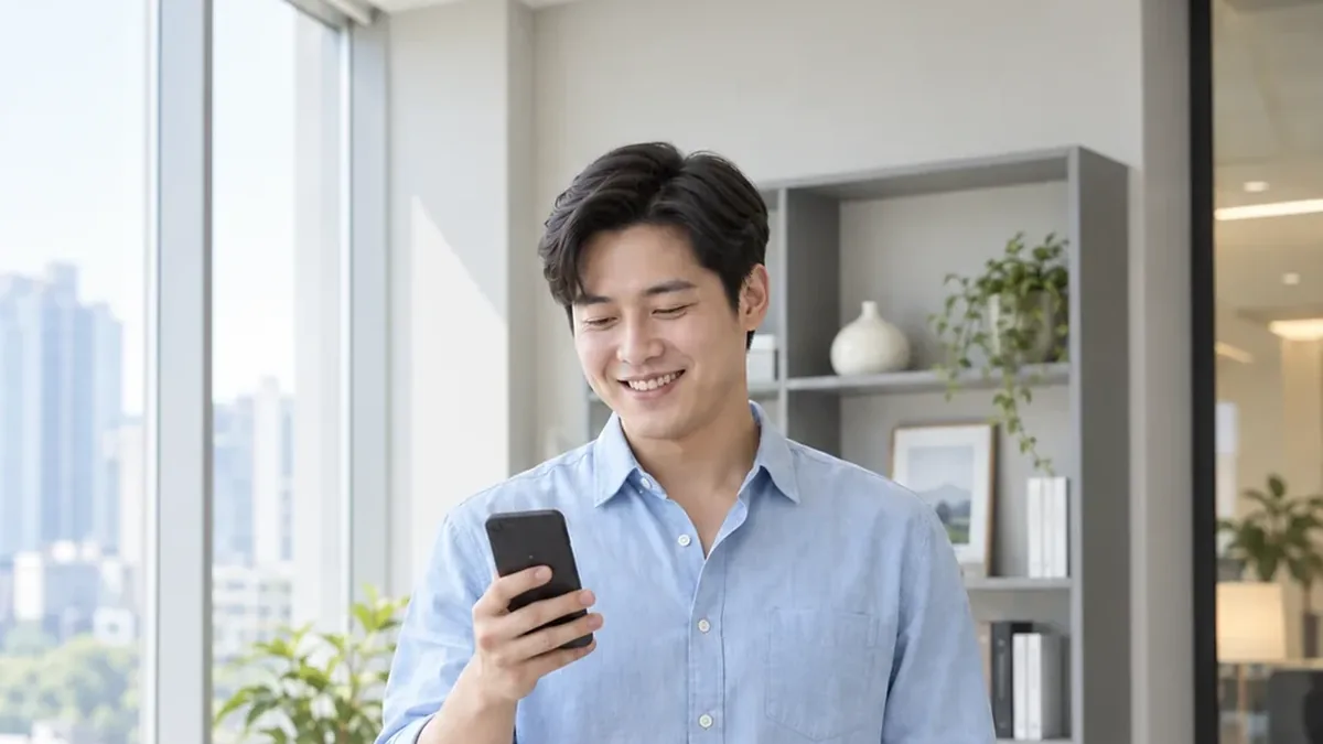 도시가 보이는 창가에서 휴대폰을 보는 하늘색 셔츠 남성