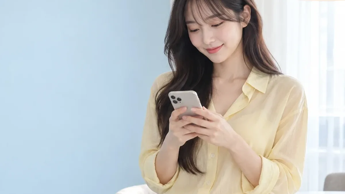 휴대폰 화면을 내려다보며 웃는 노란 셔츠 여성