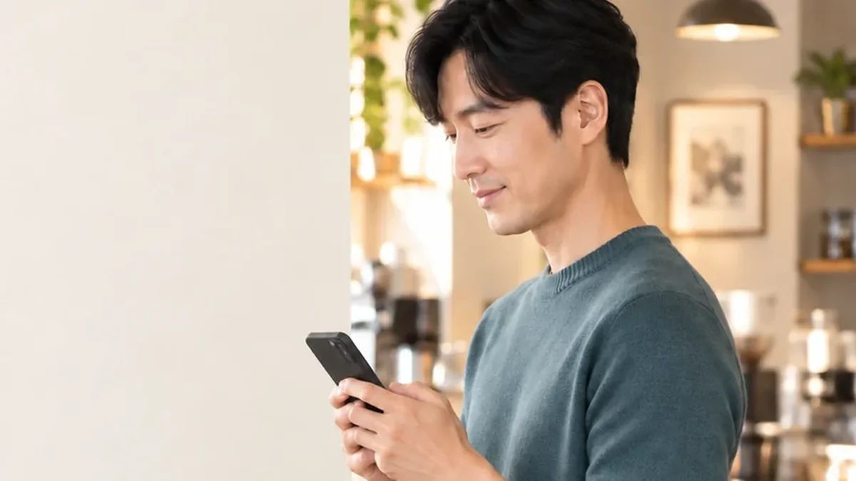 소액결제 현금화 카페에서 휴대폰을 내려다보는 청록 티셔츠 남성 24시 바로
