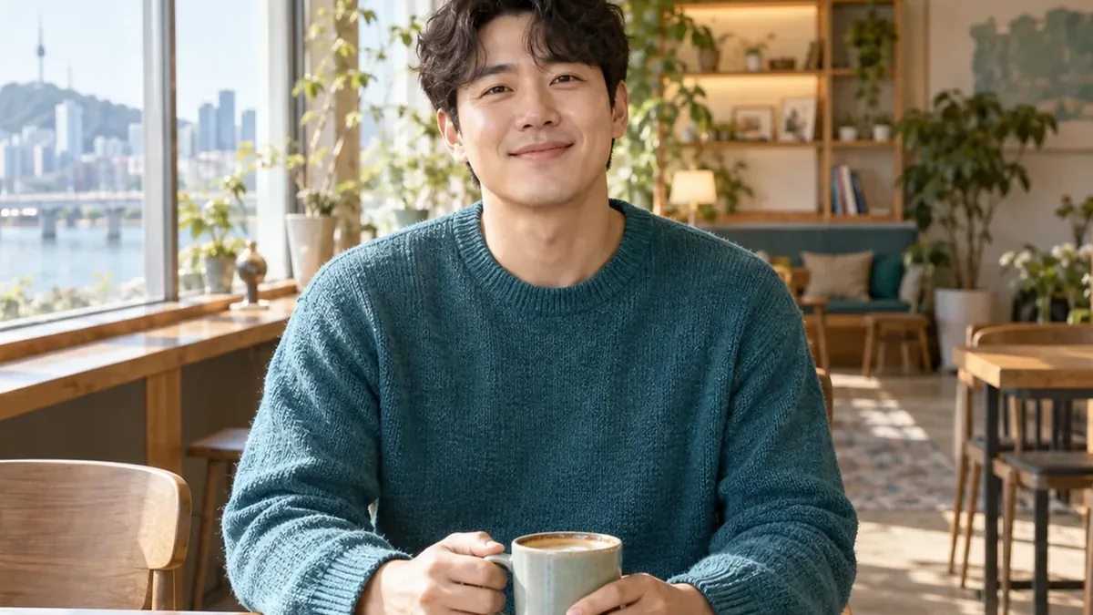 카페 창가에서 머그잔을 든 청록 니트 남성