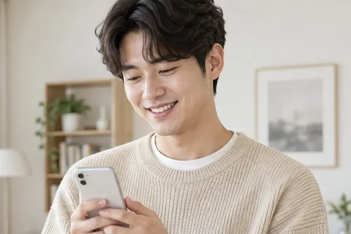 소액결제현금화 처음 책장 앞에서 휴대폰을 보며 웃는 베이지 니트 남성 24시 바로