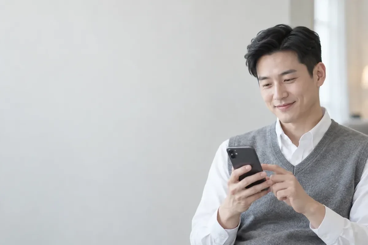 소액결제현금화 수수료 흰 벽 앞에서 휴대폰을 확인하는 조끼 차림 남성 24시 바로