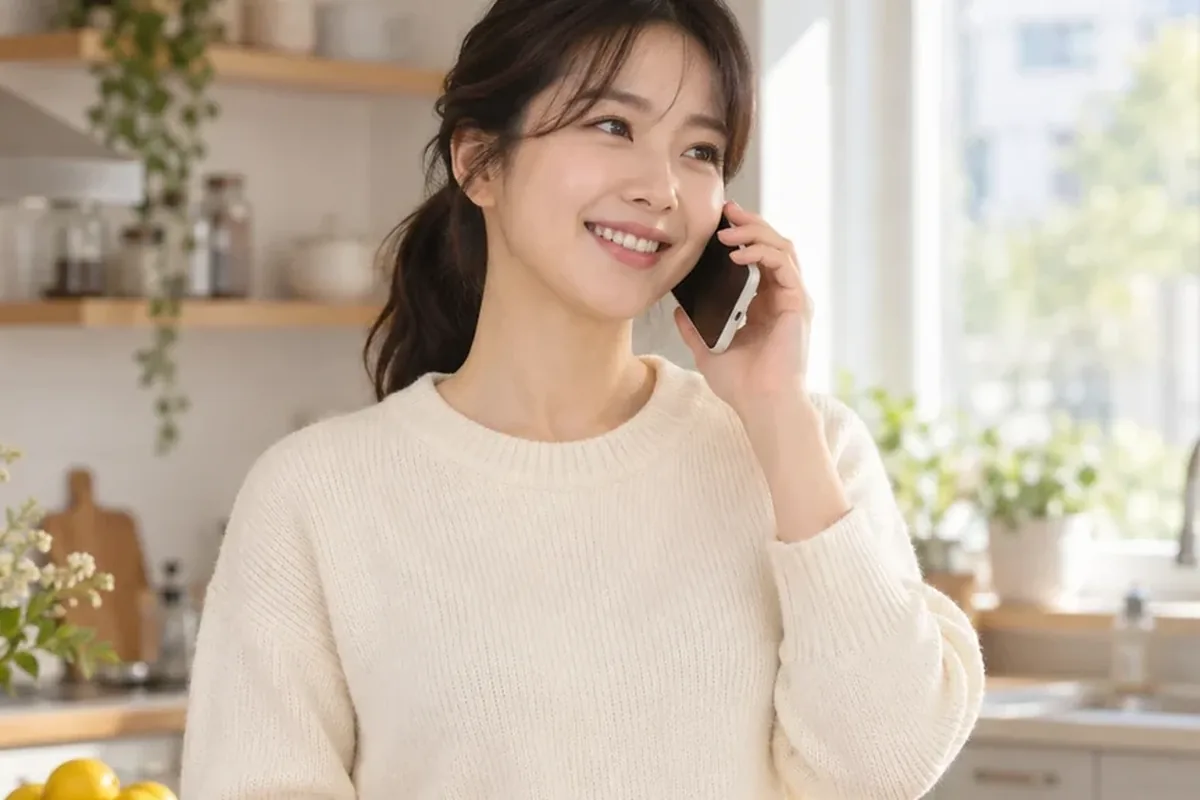 소액결제현금화 시간 부엌에서 휴대폰으로 통화하며 웃는 여성 24시 바로