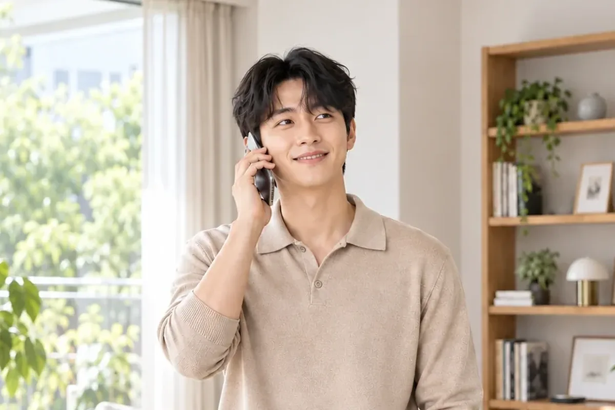 KT 소액결제현금화 책장 옆에서 휴대폰으로 통화하는 베이지 셔츠 남성 24시 바로