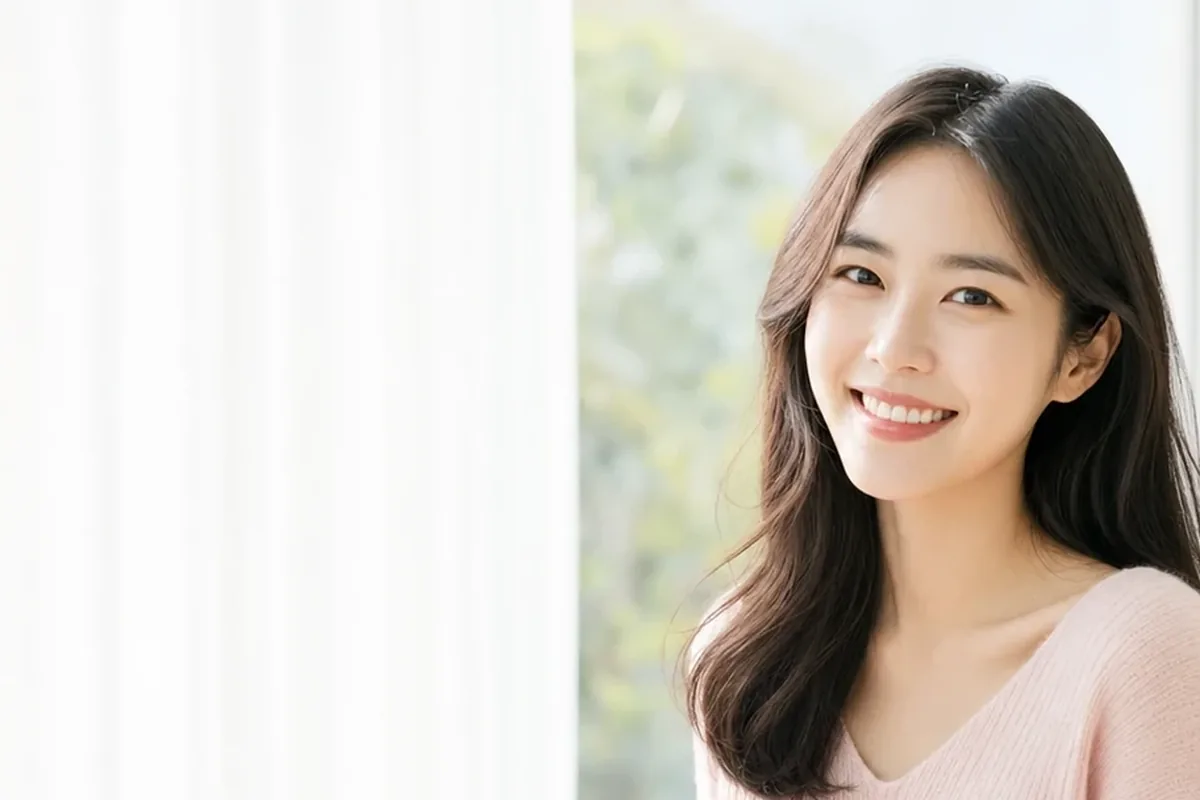 LG U+ 소액결제현금화 밝은 창가에서 환하게 웃는 분홍 니트 여성 24시 바로