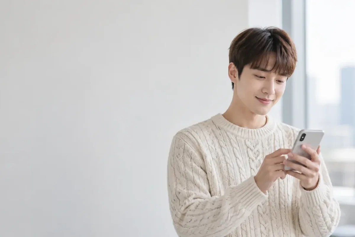 소액결제 막혔을 때 밝은 벽 앞에서 휴대폰 화면을 보는 니트 남성 24시 바로