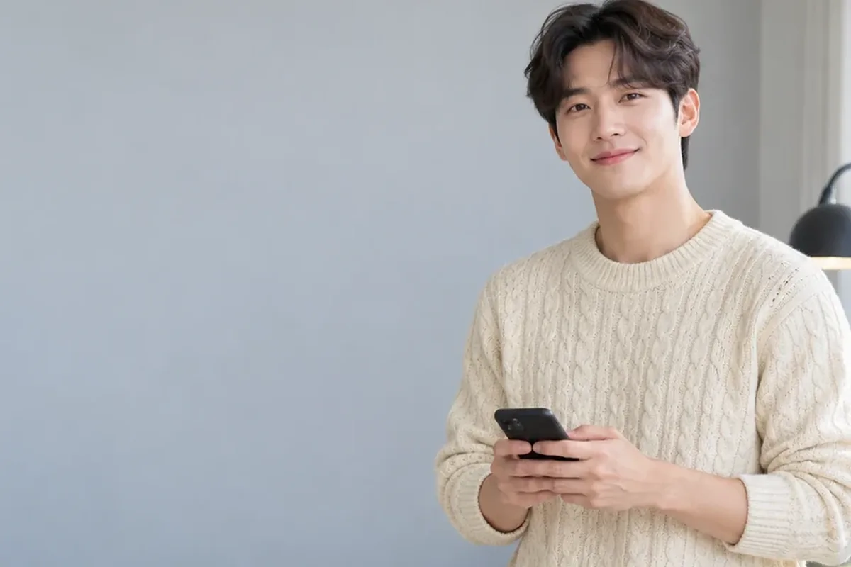 소액결제 신규 회선 푸른 벽 앞에서 휴대폰을 든 크림색 니트 남성 24시 바로