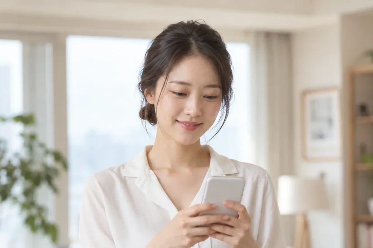 소액결제 한도 거실에서 휴대폰을 두 손으로 든 흰 블라우스 여성 24시 바로
