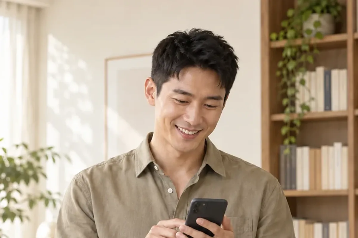소액결제 한도 조회 책장 옆에서 휴대폰을 보며 웃는 셔츠 차림 남성 24시 바로