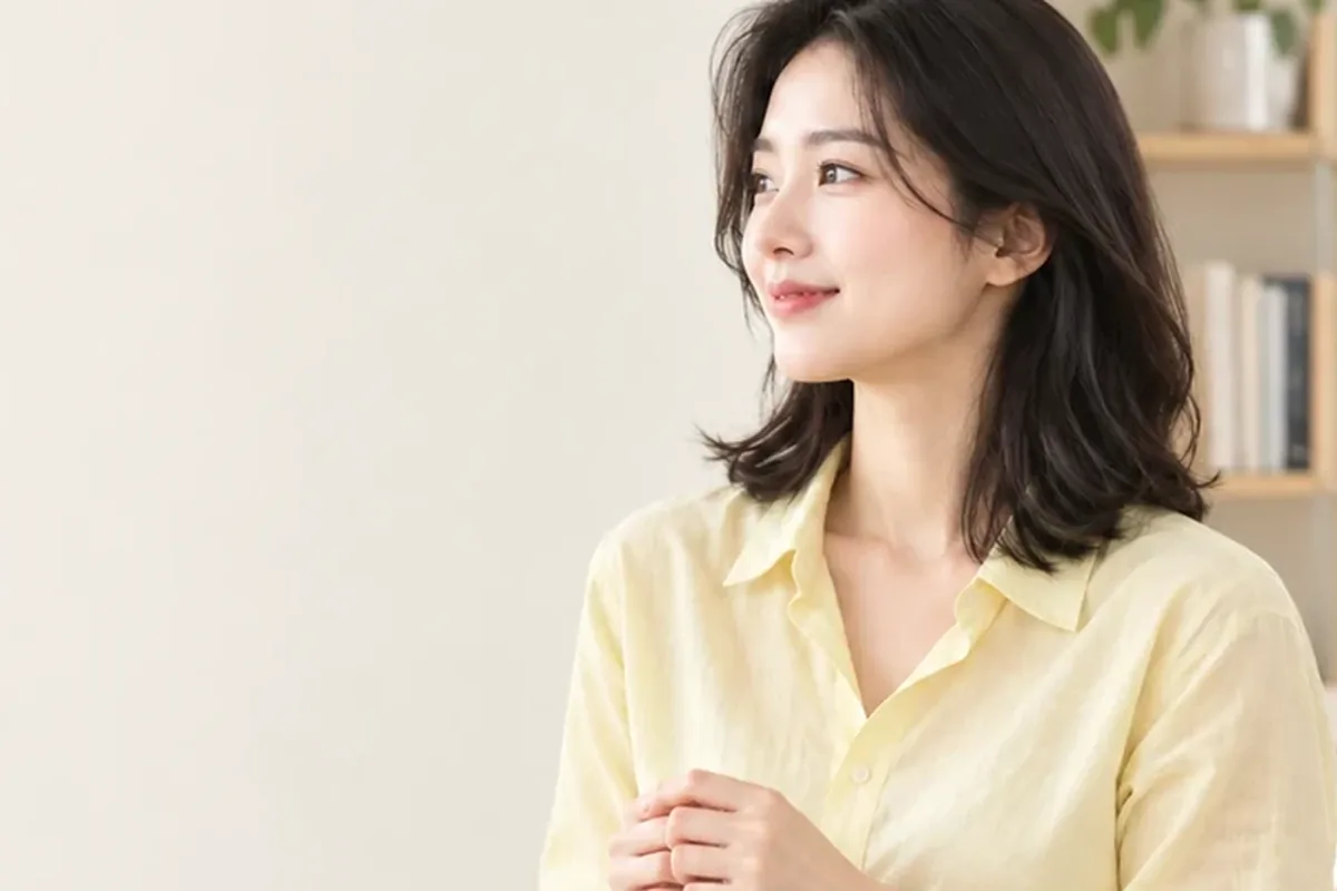 소액결제 차단 책장 앞에서 미소 짓는 노란 셔츠 여성 24시 바로